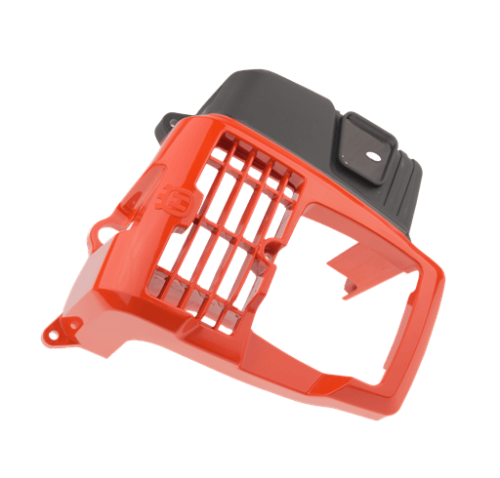 Osłona cylindra dmuchawy Husqvarna 130BT/530BT, w kolorze jasnopomarańczowym z czarnym elementem, z grillem wentylacyjnym. Produkt widoczny z boku, w pozycji leżącej. Wykonany z tworzywa sztucznego, przeznaczony do ochrony cylindra.