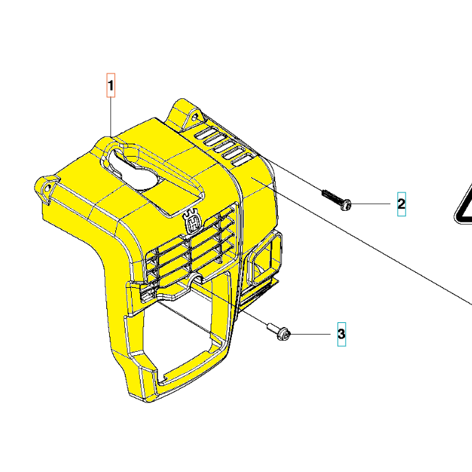 Osłona cylindra dmuchawy Husqvarna 130BT/530BT w żółtym kolorze, z przodu uchwyt i wentylacja u góry. Zestaw śrub montażowych po prawej. Chroni cylinder przed zanieczyszczeniami.