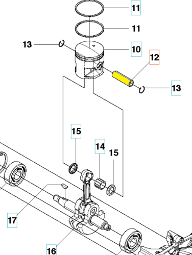 Sworzeń tłoka dmuchawy Husqvarna 130BT/530BT, żółty, metalowy, widoczny z boku. W zestawie są pierścienie, śruby i mocowania. Ułożenie elementów podkreśla ich funkcjonalność. Tło jest jednolite, co ułatwia rozpoznanie detali.