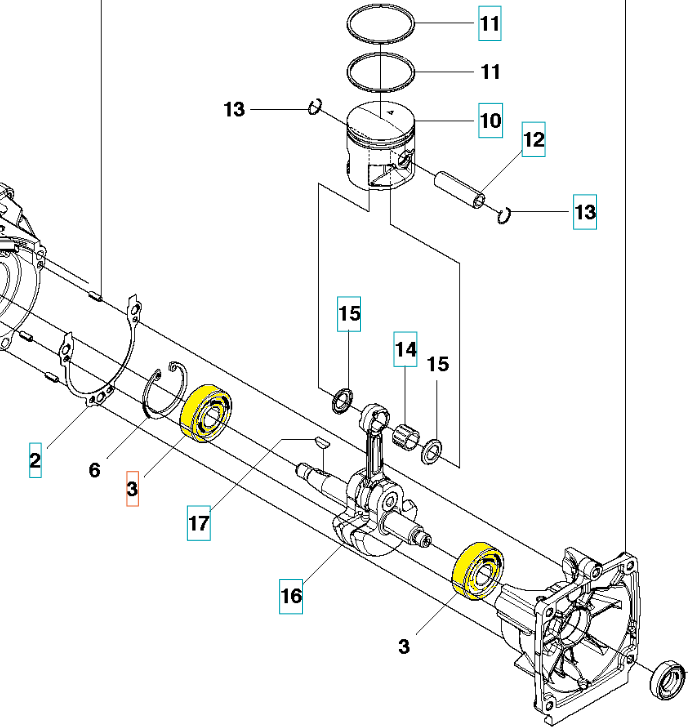 Łożysko dmuchawy 530BT/wykaszarki 543RS Husqvarna, żółte, okrągłe, metalowe, z numerami katalogowymi, zamontowane na osi. Tło białe.
