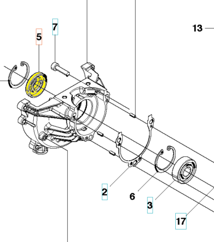 Uszczelnienie dmuchawy 130BT/530BT Husqvarna, żółte, okrągłe z rowkami, centralnie na grafice. Widoczne detale i mocowania w schemacie montażowym.