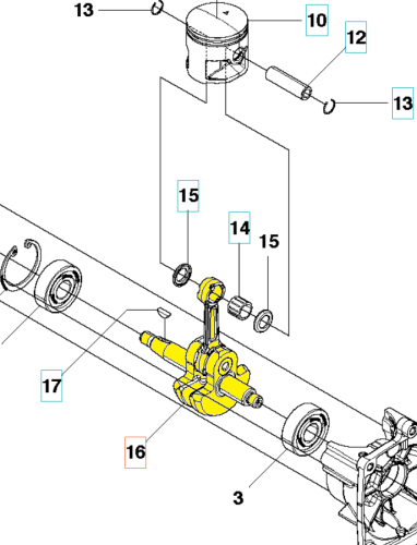 Wał korbowy dmuchawy Husqvarna 130BT/530BT w kolorze żółtym, z widocznym tłokiem i łącznikiem. Ujęcie z boku, zbliżenie na detale mechaniczne. W otoczeniu elementów konstrukcyjnych. Wymiary i detale mocowania dobrze widoczne.