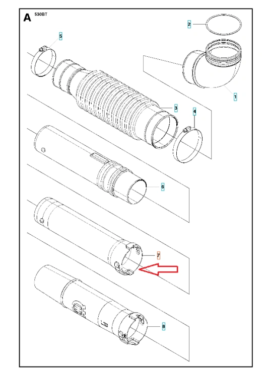 Rura dmuchawy 150BF/530BT Husqvarna, prosta, matowa, z widocznymi mocowaniami i detalami technicznymi na białym tle, ukazana frontalnie i leżąca.