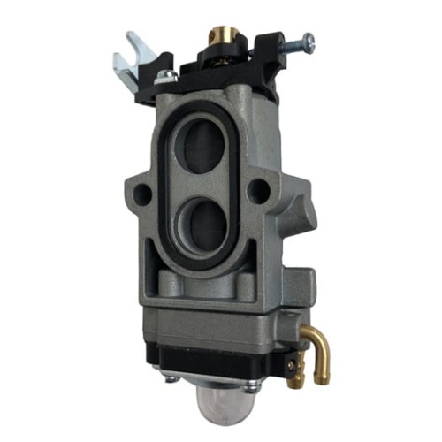 Gaźnik dmuchawy 578BTF Husqvarna, metaliczny, w kolorze szaro-czarnym, z widocznymi otworami i złączkami. Ujęcie frontalne, stojący. Wyposażony w elementy mocujące. Tło jednolite, jasne, skupiające uwagę na produkcie.