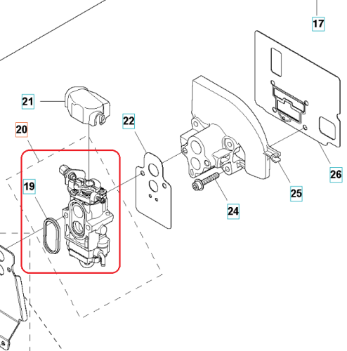 Gaźnik dmuchawy 578BTF Husqvarna, w kolorze metalicznym, z widocznymi detalami mocowania. Prezentowany z boku, w komplecie z dodatkowymi elementami, na prostym tle. Widoczne otwory oraz wycięcia wskazujące na funkcję montażową.
