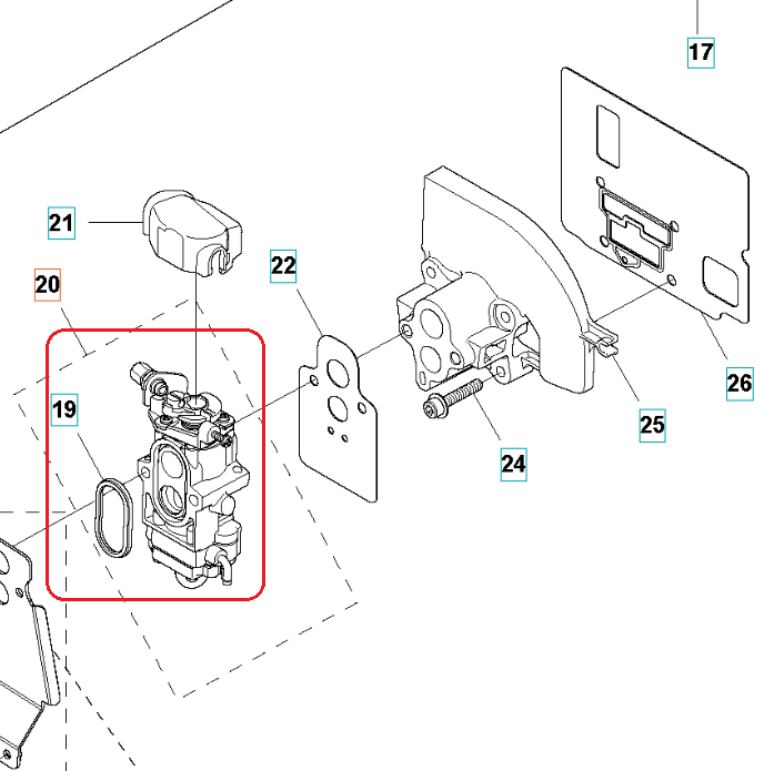Gaźnik dmuchawy 578BTF Husqvarna, w kolorze metalicznym, z widocznymi detalami mocowania. Prezentowany z boku, w komplecie z dodatkowymi elementami, na prostym tle. Widoczne otwory oraz wycięcia wskazujące na funkcję montażową.