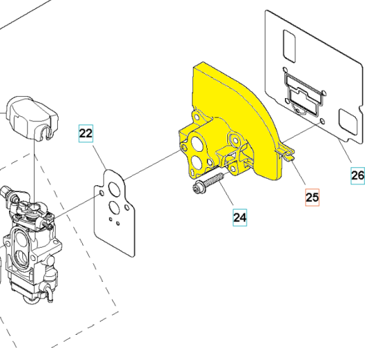 Żółty izolator gaźnika dmuchawy Husqvarna 360BT/560BTS, nieregularny kształt, frontalne ujęcie. Widoczne otwory montażowe, gwintowana śruba, płytka z logo. Białe tło podkreśla szczegóły produktu.