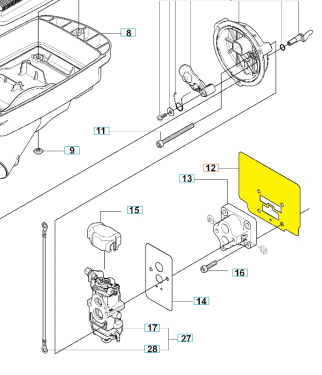 Czarna uszczelka gaźnika do dmuchawy Husqvarna 170BT/380BTS, elastyczna, 3-5 cm długości, z otworem na środku, widoczna z góry na białym tle, bez napisów.