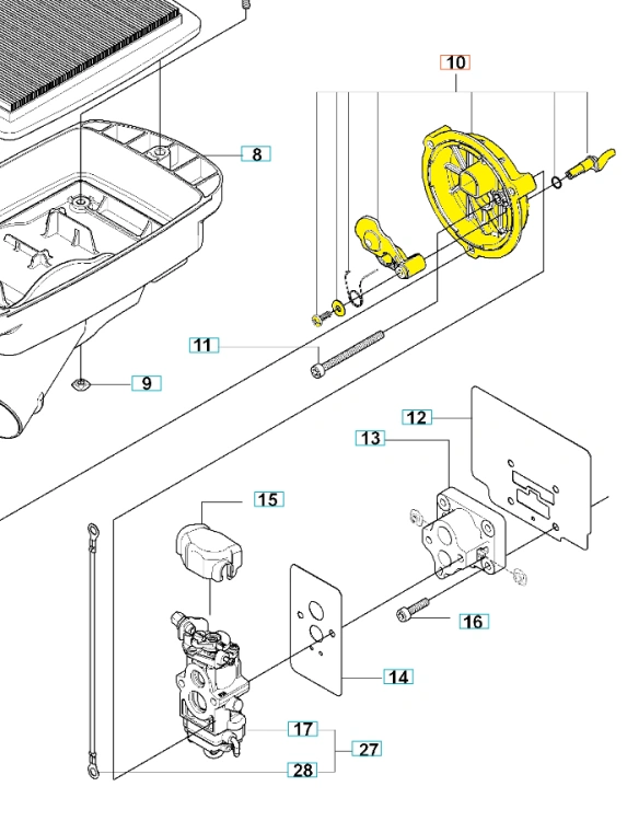 Podkładka gaźnika dmuchawy 170BT/370BTS Husqvarna, czarna, płaska, symetryczna, z otworami mocującymi i logo firmy, na jednolitym tle.