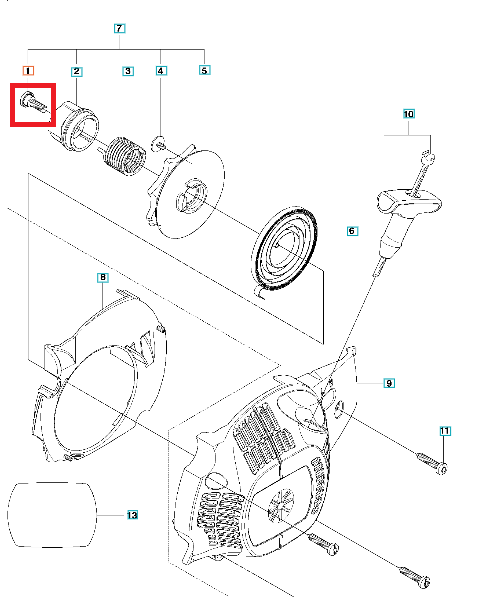 Śruba koła linowego pilarki Husqvarna 120 Mark II, metalowa, z gwintem w kształcie cylindrycznym. Widoczna z boku w poglądzie na schemacie części. Element o standardowym rozmiarze, ważny dla montażu mechanizmu piły.