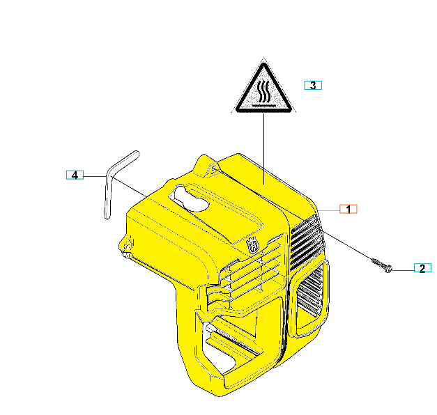 Żółta pokrywa cylindra dmuchawy Husqvarna 180BT/380BTS z uchwytem do montażu, wytłoczeniami wentylacyjnymi, symbolem ostrzegawczym i numerem części. Opakowanie zawiera klucz imbusowy.