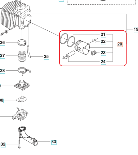 Tłok dmuchawy Husqvarna 356BTx, metalowy, okrągły, z widoczną wpustką oraz dwoma pierścieniami. Zbliżenie na detal tłoka, ustawienie poziome. Tło białe, co podkreśla szczegóły konstrukcyjne. Idealny do wymiany w urządzeniach ogrodowych.