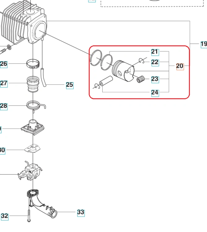 Tłok dmuchawy Husqvarna 356BTx, metalowy, okrągły, z widoczną wpustką oraz dwoma pierścieniami. Zbliżenie na detal tłoka, ustawienie poziome. Tło białe, co podkreśla szczegóły konstrukcyjne. Idealny do wymiany w urządzeniach ogrodowych.