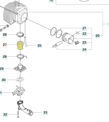 Fragment konstrukcji kolektora dmuchawy Husqvarna 356BTx. Widok z boku, prezentujący elementy takie jak cylidry, sprężyna w kolorze żółtym oraz pozostałe części. Układ pokazuje szczegóły montażowe oraz ich wzajemne położenie.