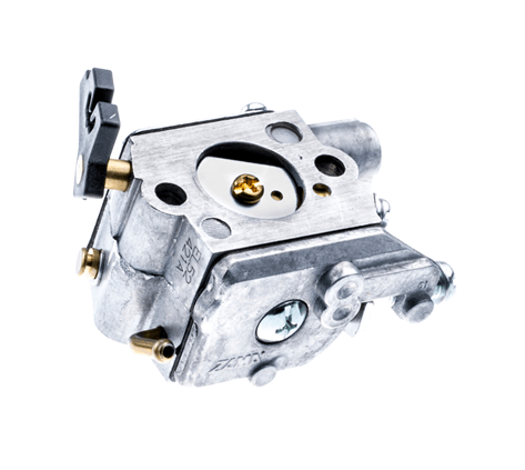 Gaźnik dmuchawy 356BTx Husqvarna z obudową metalową, w kolorze srebrnym, z widocznymi otworami oraz złączkami. Ujęcie z boku, ukazujące zespół mocujący oraz detale wewnętrzne. Produkt bywa montowany w dmuchawach do liści.