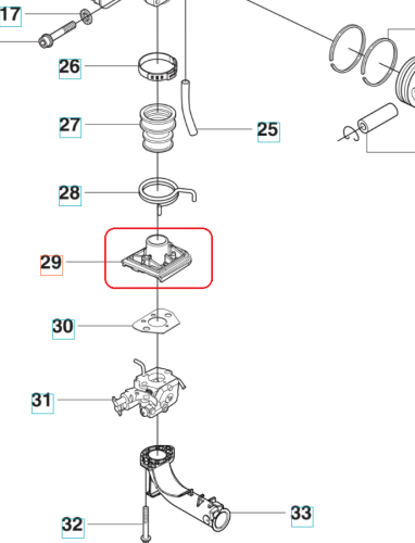 Wspornik gaźnika dmuchawy 356BTx Husqvarna w kolorze czarnym, o prostokątnym kształcie. Widoczny z boku, z lekko wypukłym środkiem. Wykonany z tworzywa sztucznego, z precyzyjnymi otworami montażowymi. Nie zawiera napisów ani wzorów.