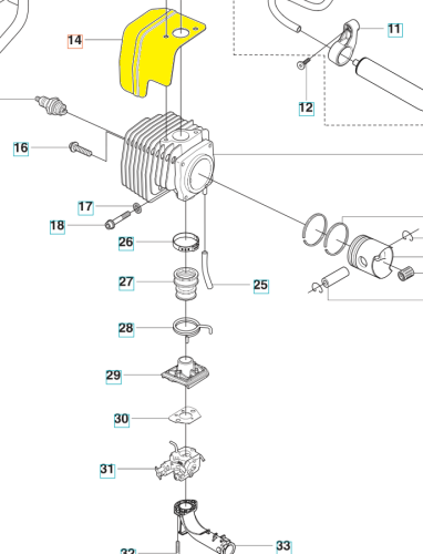 Żółty deflektor ciepła do dmuchawy Husqvarna 356BTx, z tworzywa sztucznego. Montowany na obudowie silnika, z otworami montażowymi i wyprofilowaną krawędzią kierującą ciepłe powietrze.