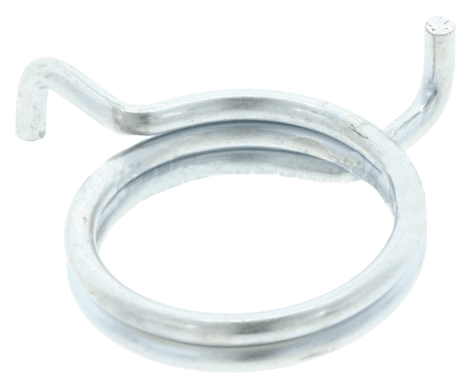 Opaska zaciskowa dmuchawy 356BTx Husqvarna, metaliczna i błyszcząca, z zakręconymi kształtami i haczykiem mocującym, idealna do użytku ogrodowego, na białym tle.