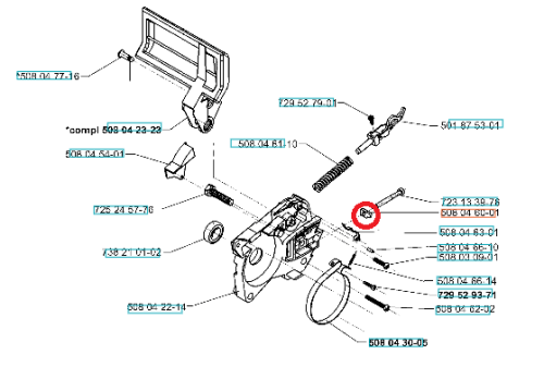 Wodzik napinacza łańcucha do pilarki Husqvarna 1200 ELECTRIC, widok z przodu. Okrągły kształt, metaliczny materiał, kolor szary. Zaznaczona czerwoną kropką, jeden z głównych elementów montażowych, z wyraźnymi detalami mocowania.