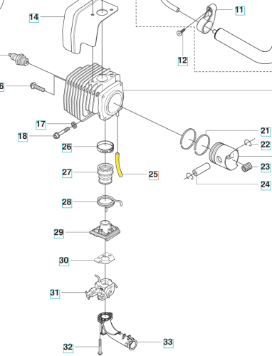 Żółty przewód paliwa dmuchawy Husqvarna 356BTx, elastyczny z prostokątnymi końcówkami, widoczny pod kątem na jasnym tle, z detalem mocowania i widocznymi szczegółami konstrukcyjnymi.