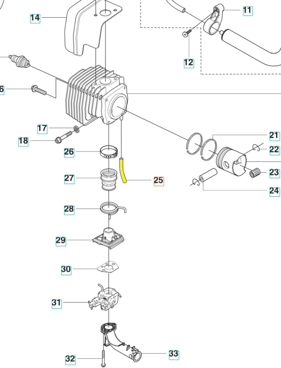 Żółty przewód paliwa dmuchawy Husqvarna 356BTx, elastyczny z prostokątnymi końcówkami, widoczny pod kątem na jasnym tle, z detalem mocowania i widocznymi szczegółami konstrukcyjnymi.