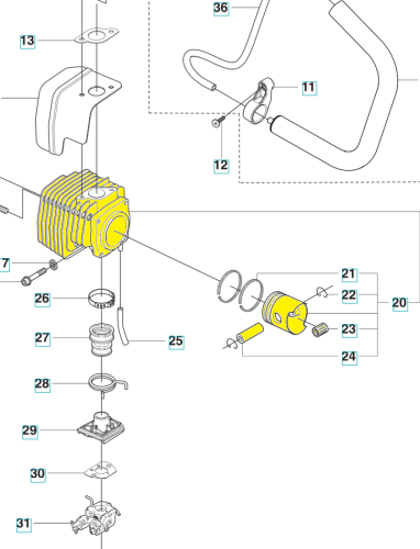 Cylinder kompletny dmuchawy 356BTx Husqvarna w kolorze żółtym i metalicznym, z wyraźnymi rowkami i mocowaniami. Widok z przodu, ukazujący szczegóły konstrukcji, w tym spust i elementy montażowe. Produkt przedstawiony na jednolitym tle.