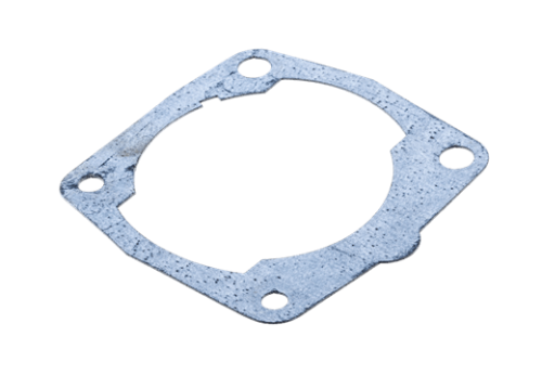 Uszczelka cylindra dmuchawy 356BTx Husqvarna w kształcie kwadratu z wycięciami, wykonana z metalowej blachy, o szarej, matowej powierzchni. Widoczna jest jedna okrągła i dwa okrągłe otwory montażowe, leżąca na białym tle.