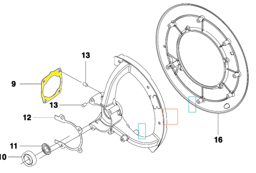 Uszczelka cylindra dmuchawy 356BTx Husqvarna, żółta, owalna, elastyczna. Widok boczny pokazuje detale mocowań, miejsca na śruby i wycięcia montażowe, produkt leży płasko.