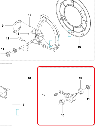 Wał korbowy dmuchawy 356BTx Husqvarna w zbliżeniu, z widocznymi detalami jak śruby oraz mocowania. Element o cylindrycznym kształcie, metaliczny, z wyraźnymi oznaczeniami. W tle prosty, jednolity, aby podkreślić szczegóły produktu.