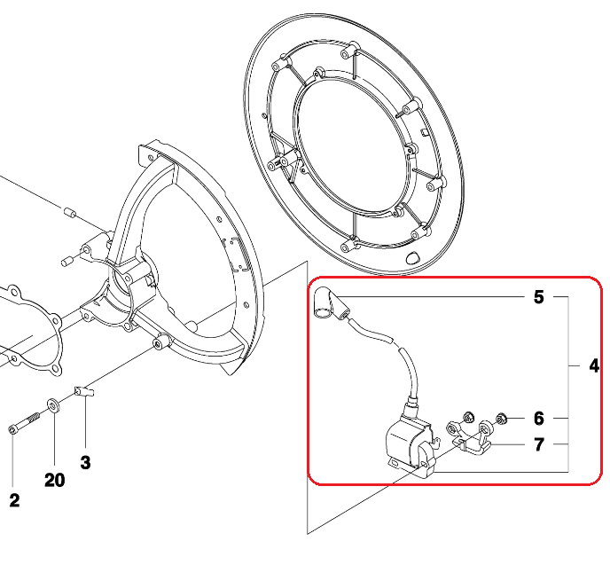 Moduł zapłonowy dmuchawy 356BTx Husqvarna w czarnym kolorze z widocznym złączem, śrubami montażowymi oraz przewodami. Ujęcie w zbliżeniu na szczegóły konstrukcji i mocowania, otoczenie na białym tle.