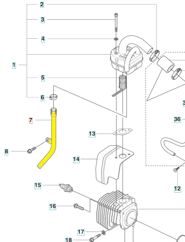 Rura wylotowa dmuchawy 356BTx Husqvarna w kolorze żółtym, z prostokątnym zakończeniem. Ujęcie z boku, ukazujące montaż oraz mocowanie rury. Rura ma gładką fakturę i wyraźne otwory montażowe, co podkreśla jej funkcjonalność w urządzeniu.