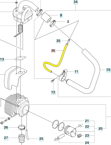 Przewód dmuchawy 356BTx Husqvarna, żółty, elastyczny w kształcie litery U. Ujęcie z boku, ukazuje szczegóły mocowania i zakończenia. Widoczne oznaczenia i numery części na schemacie. Proste, białe tło ułatwia identyfikację elementów.