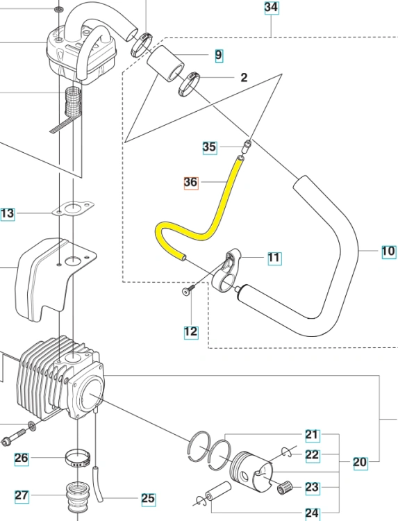 Przewód dmuchawy 356BTx Husqvarna, żółty, elastyczny w kształcie litery U. Ujęcie z boku, ukazuje szczegóły mocowania i zakończenia. Widoczne oznaczenia i numery części na schemacie. Proste, białe tło ułatwia identyfikację elementów.