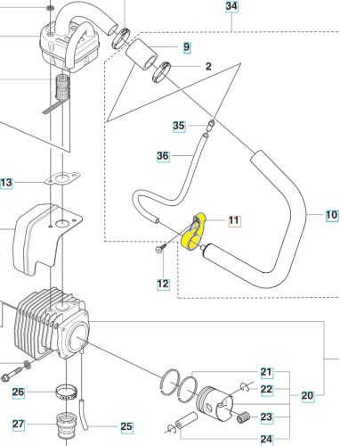 Wspornik dmuchawy 356BTx Husqvarna, czarny metalowy element montażowy z zakrzywioną częścią, otworami i uszczelkami, widok z boku.