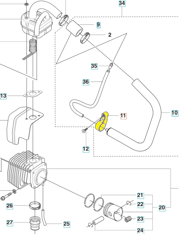 Wspornik dmuchawy 356BTx Husqvarna, czarny metalowy element montażowy z zakrzywioną częścią, otworami i uszczelkami, widok z boku.