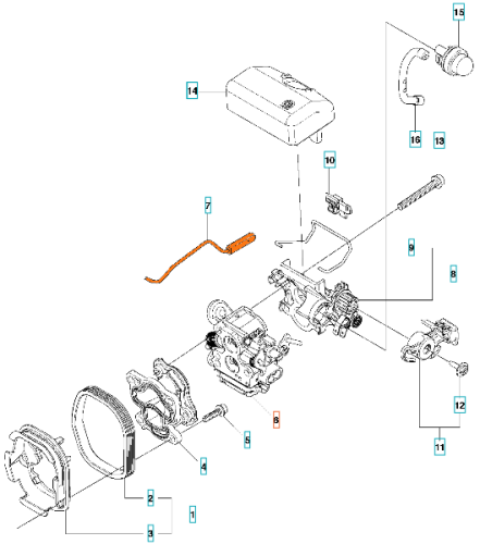 Cięgno gazu do pilarek Husqvarna 435 i 440 II w pomarańczowym kolorze z ergonomiczną rączką, widoczne z boku, z metalowymi mocowaniami, gładką fakturą i osłoną silnika w tle.