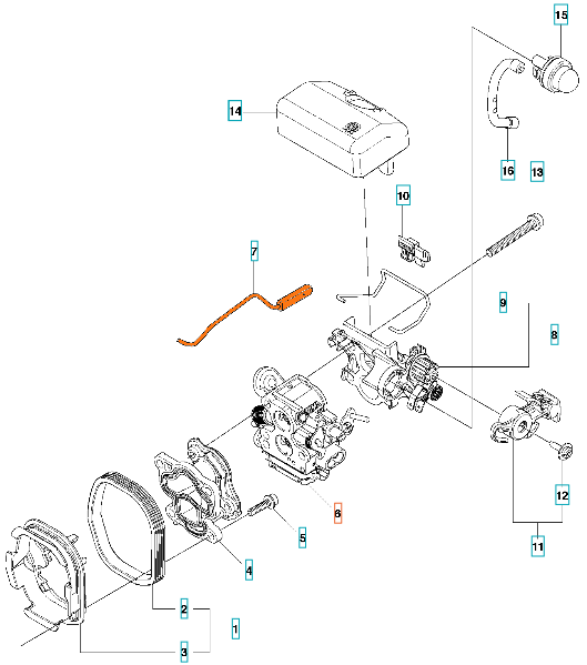 Cięgno gazu do pilarek Husqvarna 435 i 440 II w pomarańczowym kolorze z ergonomiczną rączką, widoczne z boku, z metalowymi mocowaniami, gładką fakturą i osłoną silnika w tle.