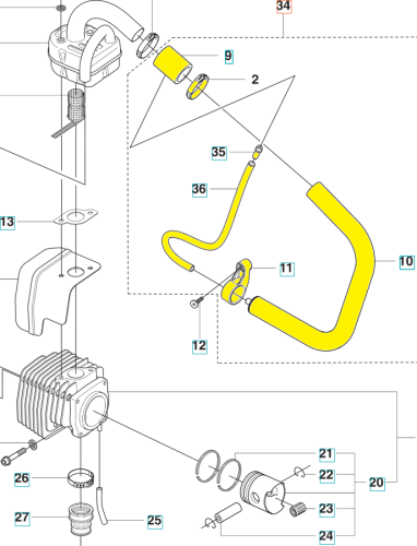 Rura dmuchawy 356BTx Husqvarna w jaskrawej żółtej barwie, o kształcie zakrzywionym. Widoczna jest jednozłączna końcówka, z widocznymi detalami mocowania. Produkt leży płasko, w ujęciu z boku, na białym tle, co podkreśla jego formę i kolor.