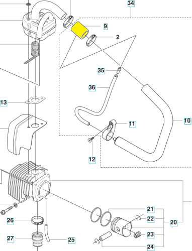 Przewód dmuchawy 356BTx/356BF Husqvarna, w kolorze czarnym, wykonany z wytrzymałego tworzywa. Produkt leży na płaskiej powierzchni, ukazując szczegóły mocowań i kształt. Widoczne elementy montażowe, bez dodatkowego kontekstu.