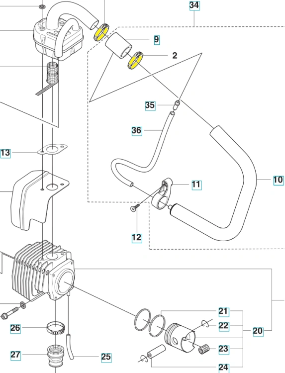 Opaska zaciskowa do dmuchawy Husqvarna 356BTx, wykonana z tworzywa sztucznego, w kolorze czarnym. Widoczna z boku, ukazująca mocowanie i dolny detal uchwytu. Element o prostym kształcie, przeznaczony do stabilizacji części urządzenia.