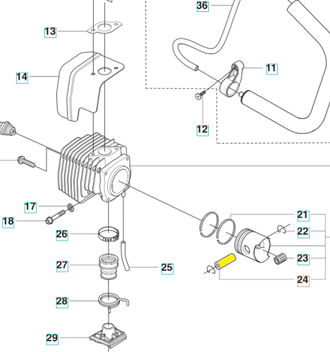 Sworzeń tłoka dmuchawy 356BTx Husqvarna, srebrny metalowy cylinder z wcięciem, ułożony poziomo obok silnika, otoczony elementami konstrukcyjnymi, z widocznymi mocowaniami i otworami montażowymi.