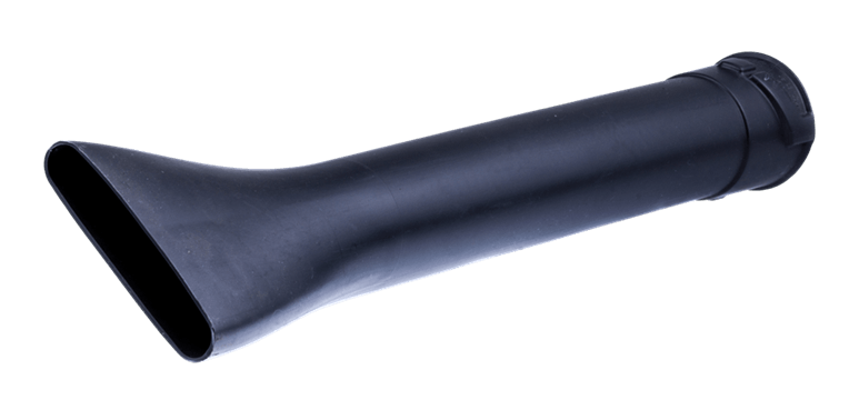 Czarna, płaska dysza do dmuchawy Husqvarna 356BTx, zwężająca się ku dołowi, o prostym cylindrycznym kształcie z eliptycznym otworem na końcu, bez oznaczeń, idealna do precyzyjnego strumienia powietrza.