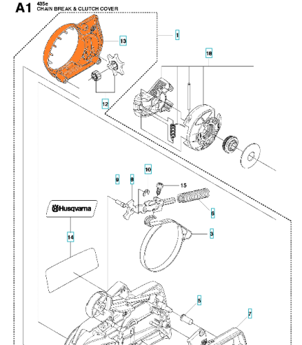 Osłona napinacza pilarki Husqvarna 350, 435, 440 II, trwała, pomarańczowa. Widok frontalny, nieruchoma, z logo Husqvarna, mocowaniami i detalami na krawędziach.