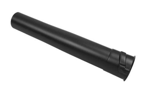 Czarna rura końcowa dmuchawy 356BTx Husqvarna, długość 40 cm, teksturowana, z mocowaniem, leżąca na płaskiej powierzchni. Prosty, nowoczesny kształt do odkurzania.
