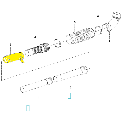 Żółta osłona rury dmuchawy Husqvarna 356BTx/356BF leżąca na białym tle, z detalami mocowania, filtrem i elastyczną rurką oraz numerami części.