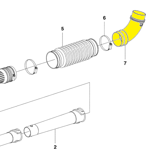 Kolanko dmuchawy 356BTx Husqvarna, żółte, z prostym kształtem, w pozycji leżącej. Widać elementy mocujące i szczeliny. Produkt przedstawiony na białym tle, umożliwiającym skupienie na detalach. Wymiary i szczegóły techniczne nieczytelne.