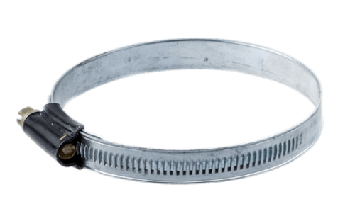 Zacisk dmuchawy 356BTx Husqvarna, stalowy, okrągły, z metalowym mechanizmem mocującym i otworami, widok z boku. Wykonany z matowego metalu, o średnicy około 10 cm. Zastosowanie w systemach odprowadzania spalin. Tło przezroczyste.