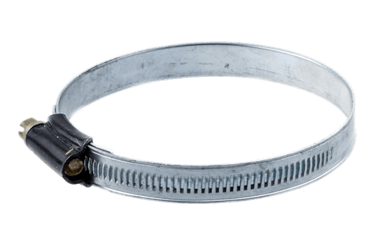 Zacisk dmuchawy 356BTx Husqvarna, stalowy, okrągły, z metalowym mechanizmem mocującym i otworami, widok z boku. Wykonany z matowego metalu, o średnicy około 10 cm. Zastosowanie w systemach odprowadzania spalin. Tło przezroczyste.