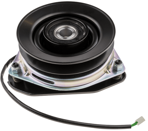 Sprzęgło traktora ogrodowego Husqvarna YTH24V54 w ujęciu z góry; czarna, gładka tarcza zamontowana na metalowej podstawie. Widoczny przewód elektryczny po lewej stronie, metalowe mocowania. Tło proste, ułatwiające identyfikację detali.