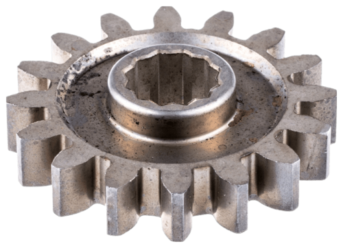 Zębatka przekładni napędu noża traktora CTH 164T Husqvarna, metalowa, ośmiokątne zęby, cilindryczny centralny otwór, widok z boku. Widać niewielkie zarysowania i ślady użytkowania. Tło jasne, jednolite.